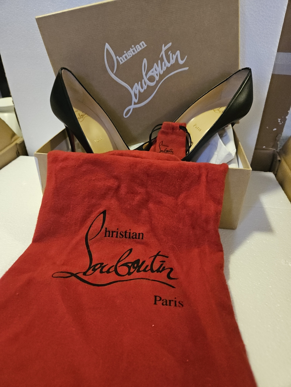Christian Louboutin Black Leather Pointed Toe Pumps with Signature Red Dust Bag